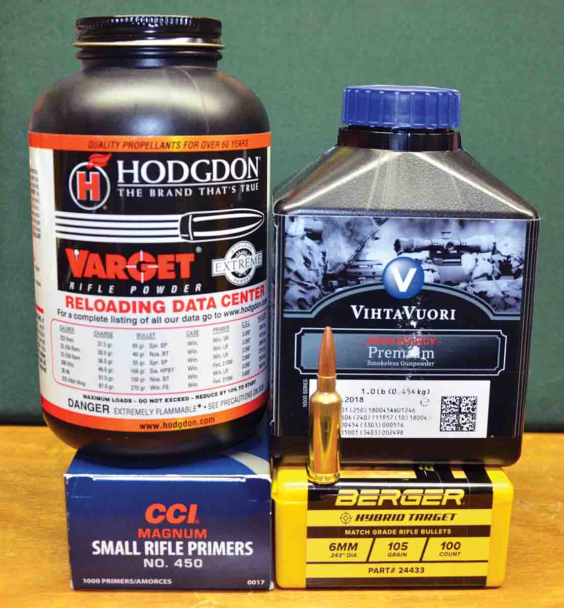 According to a Cal Zent – who surveyed around 75 world-class PRS and NRL competitors – the CCI 450 Magnum primer, Hodgdon Varget powder and the Berger 105-grain Hybrid Target are the most popular. Vihtavuori N-540 is also an excellent choice.